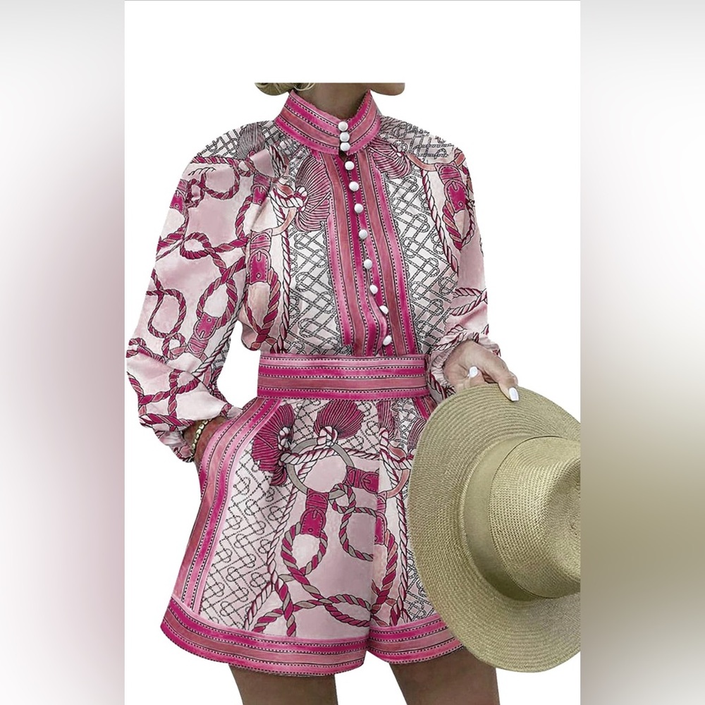 Womens Boho Print Long Sleeve Top High Waist Shorts Sets 2 Piece